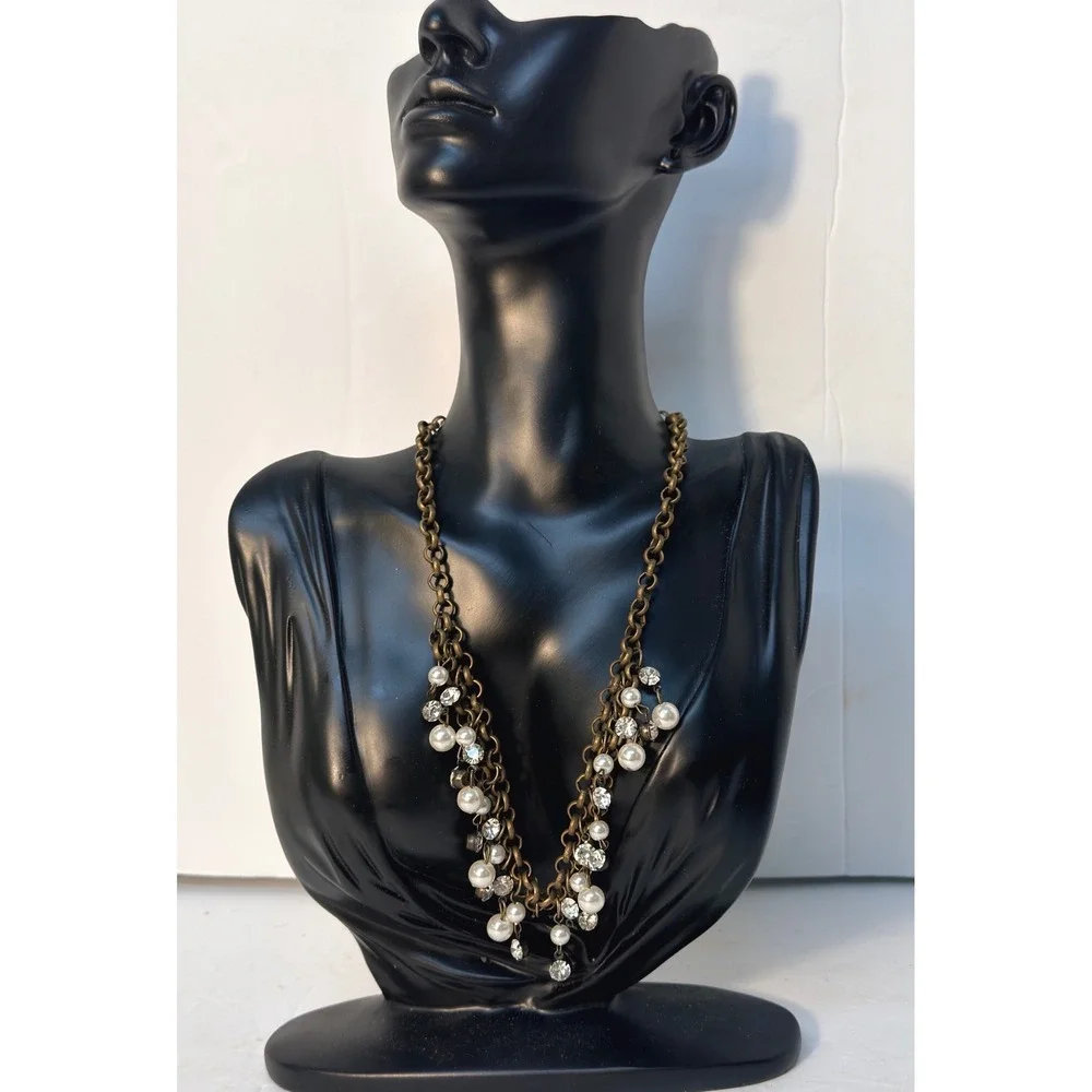 Brass Tone Faux Pearl Rhinestone Multi Strand Bib Necklace